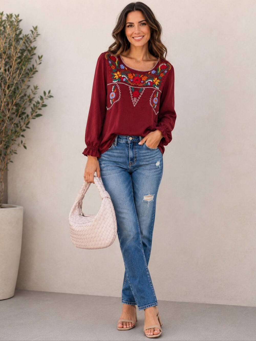 JODIFL Burgundy Embroidered Floral Long Sleeve Top